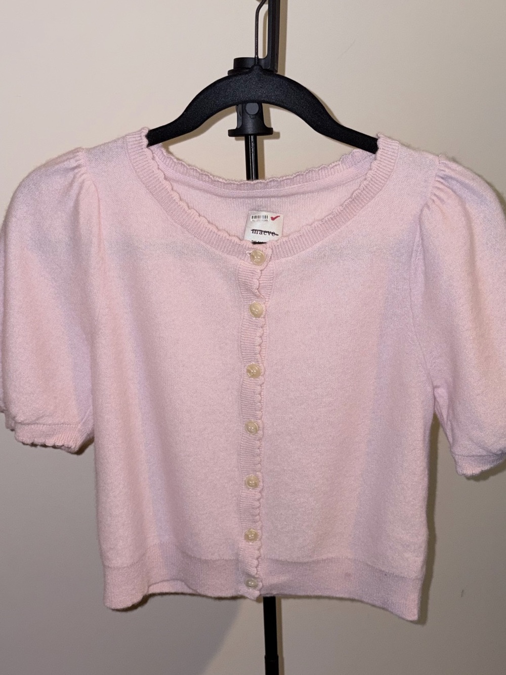 Maeve Puff Sleeve Cashmere Pink Cardigan Sweater.